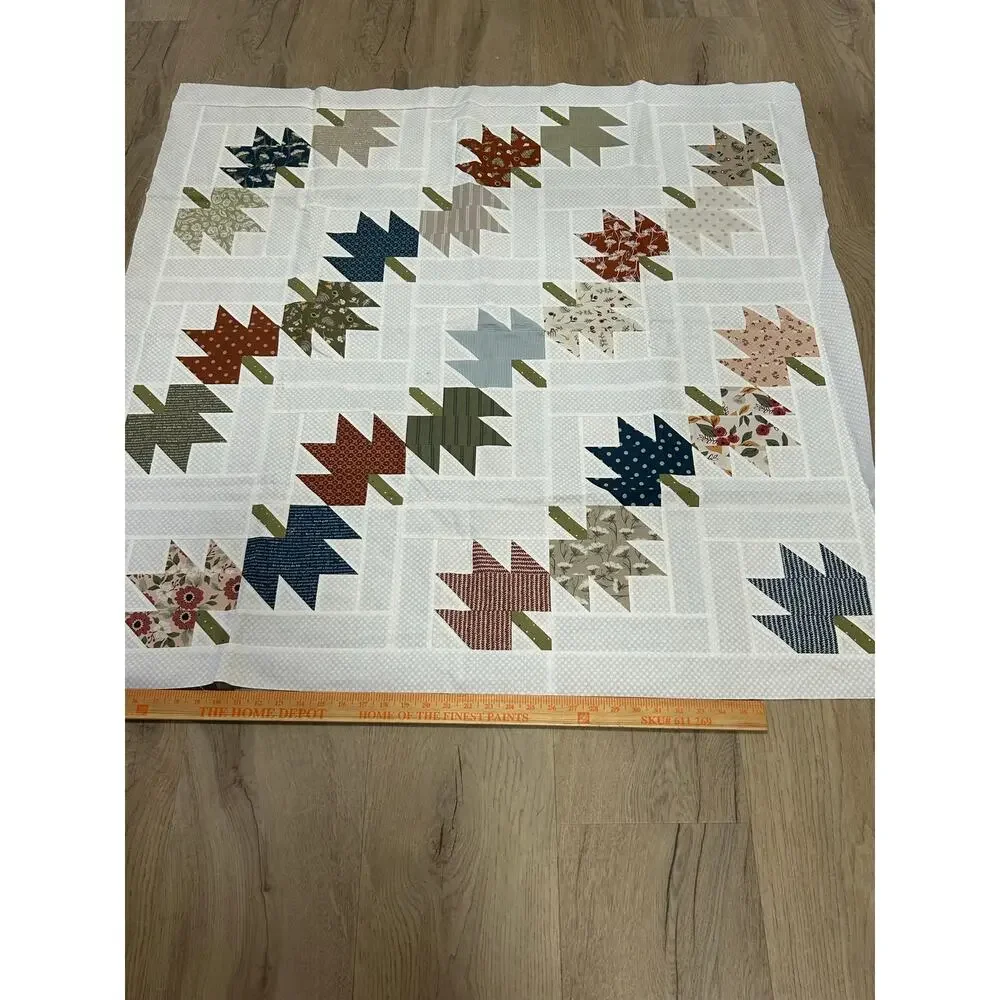 Handmade Unfinished Quilt Top Fall Maple Leaves Patchwork Neutral Farmhouse